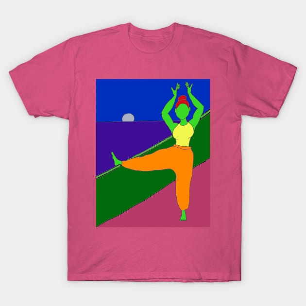 Alien lady stretching by the sea T-Shirt by Royal Ease